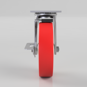 Front view of a red rubber caster wheel with a metal frame and mounting bracket, seen straight on.