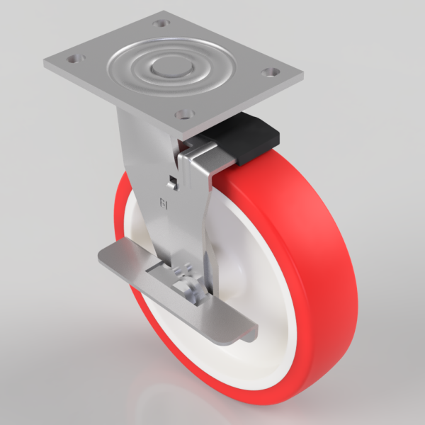 Caster wheel with red polyurethane tire, white hub, metal frame, and mounting plate with holes for attachment.