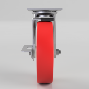 Front view of a red polyurethane wheel mounted in a metallic caster assembly with a mounting plate and axle.