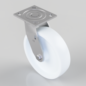White caster wheel with a gray metal mounting plate featuring four holes for mounting bolts; industrial wheel assembly.