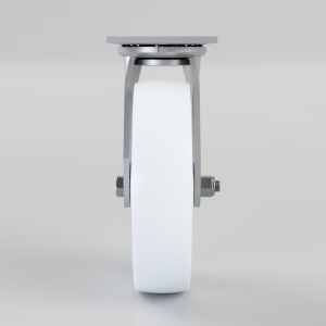 White caster wheel with gray metal bracket and mounting hardware, shown head-on.