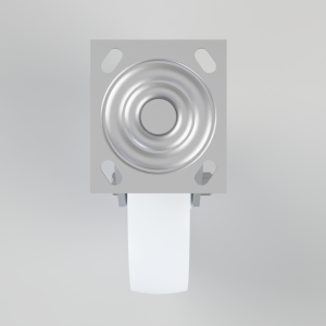 Square metal mounting plate with a concentric circular metal component at center and a white strap hanging below, viewed head-on.