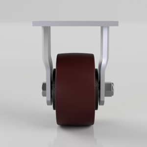 Front view of a heavy-duty caster wheel with a maroon wheel and silver metal frame