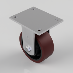 Swivel caster wheel with a square metal mounting plate and four mounting holes on top, attached to a burgundy wheel.