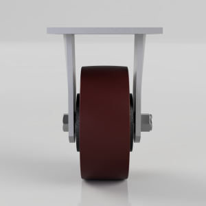 Front view of a single caster wheel with a brown wheel and gray metal mounting bracket on a light gray background