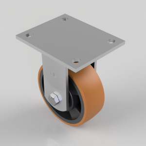 Plate-mounted caster wheel with an orange polyurethane wheel and a gray metal mounting plate with four holes