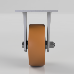 Front view of an orange caster wheel mounted on gray metal brackets with bolts and nut visible behind the wheel