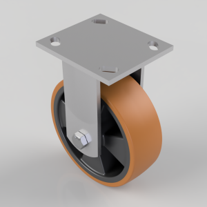 Orange polyurethane caster wheel attached to a four-hole mounting plate for mobility of equipment.