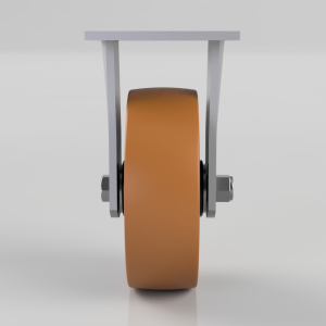 Front view of an orange solid caster wheel mounted in a metal fork, as part of a wheeled cart assembly.