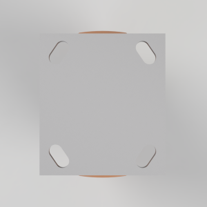 Top-down view of a gray square panel with four white rounded slots at its corners; orange curved shapes peek from behind.