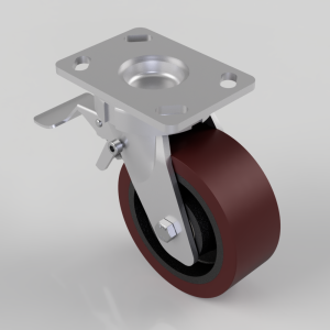 Swivel caster wheel with red polyurethane tire, brake lever, and mounting plate for heavy equipment or carts.