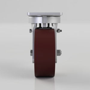 Red wheel on a metal caster with bolts and mounting bracket, viewed from the front]','