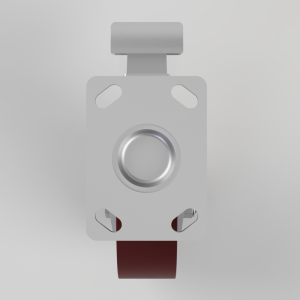 Front view of a metallic square device with rounded corners, a large central circular button, and a red wrist strap at the bottom.