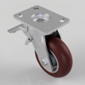 Swivel caster with a four-hole metal mounting plate, side brake lever, and a red polyurethane wheel.