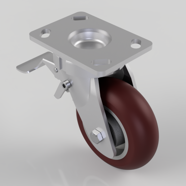 Swivel caster with a four-hole metal mounting plate, side brake lever, and a red polyurethane wheel.