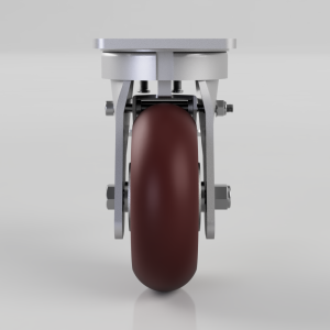 Front view of a metal caster wheel assembly with a brown wheel and silver frame.