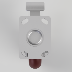 Industrial actuator on a rectangular metal plate with a circular central button and a red rounded plunger at the bottom.