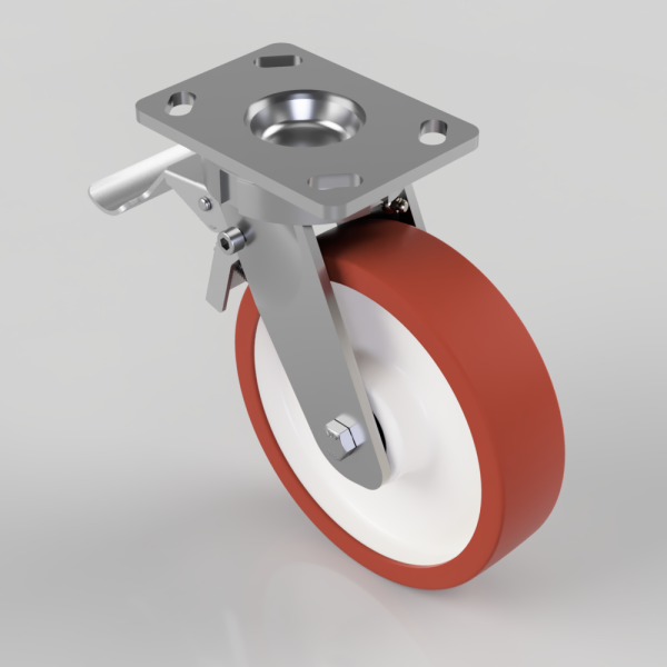 Swivel caster with red polyurethane wheel and white hub mounted on a metal mounting plate