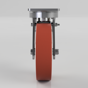 Front view of a red-orange polyurethane wheel mounted in a metal caster/bracket assembly with bolts on each side.