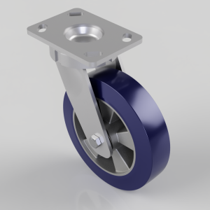 Swivel caster wheel with blue polyurethane tire and metal mounting plate above it in a light gray environment.
