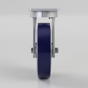 Single blue caster wheel with a silver metal frame viewed from the front, mounted for mobility of equipment.