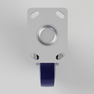 Swivel caster wheel with a blue wheel and metal mounting plate viewed from above, showcasing mounting holes and bracket details