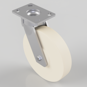 Caster wheel assembly with a square metal mounting plate and a cream-colored wheel.