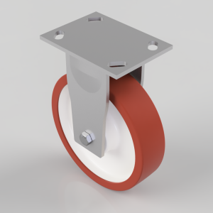 Red caster wheel with white hub attached to a gray metal mounting plate with four mounting holes (industrial wheel caster).