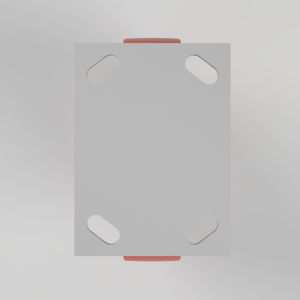 Top-down view of a gray square panel with four rounded oval cutouts at its corners and red components peeking from above and below.