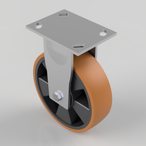 Orange polyurethane caster wheel mounted to a gray metal fork with a square top mounting plate and four holes