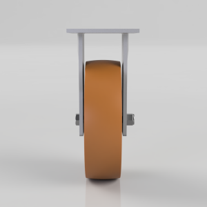 Front view of a single orange caster wheel held between gray metal forks with a top mounting plate above.