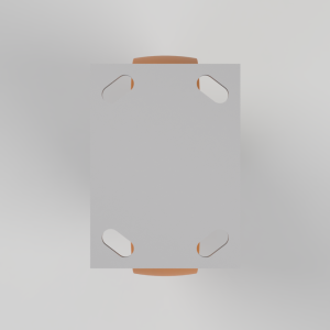 Top-down view of a gray square panel with four rounded cutouts showing orange support behind.