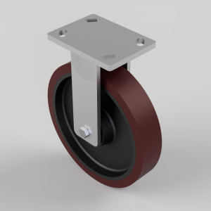 Caster wheel with burgundy polyurethane tire and gray mounting plate, shown from the side.