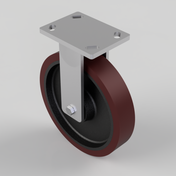 Caster wheel with burgundy polyurethane tire and gray mounting plate, shown from the side.