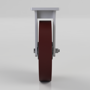 Front view of a burgundy wheel mounted in a gray metal caster frame with side bolts