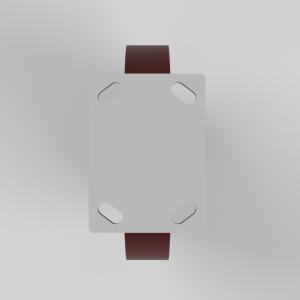 Top-down view of a light gray square watch case with rounded corners and a burgundy strap at top and bottom.