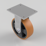 Swivel caster wheel with orange polyurethane tire mounted on a gray metal plate and bracket for attachment to furniture or equipment