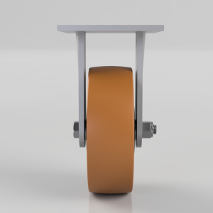 Front view of an orange caster wheel held by a gray metal frame, on a light background