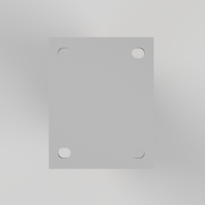 Gray square metal plate with four rounded holes near the corners against a light gradient background.