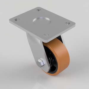 Swivel caster with an orange polyurethane wheel mounted to a gray metal plate with four mounting holes