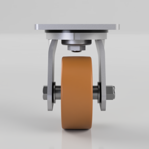 Front view of a caster wheel assembly with an orange wheel and grey metal brackets against a light background, showing the mounting axle bolts on each side.