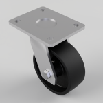 Caster wheel with a rectangular metal mounting plate and a black rubber wheel.