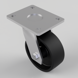 Caster wheel with a rectangular metal mounting plate and a black rubber wheel.