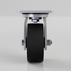 Single black caster wheel with metal housing and mounting plate, viewed from the front