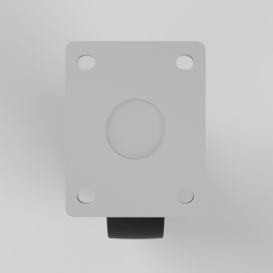 White square wall switch plate with rounded corners, four screw holes, a centered circular button, and a black actuator below.