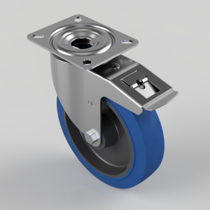 Blue Elastic Rubber 65ShoreA Plate Swivel Castor Braked 200mm 400kg Load