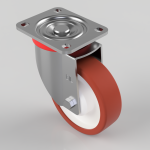 Caster wheel with red rubber tire and metal swivel bracket mounted to a square plate with four holes far corners visible.