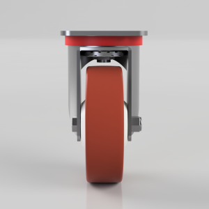 Front view of a red polyurethane caster wheel with metal mounting bracket and axle