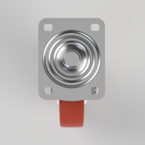 Square metal mounting plate with a large chrome circular push button and a red actuator tab underneath.
