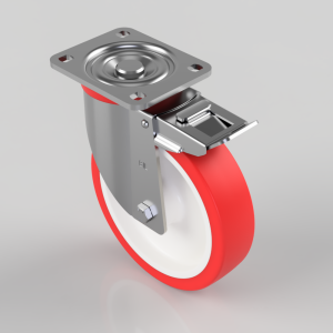 Swivel caster wheel with red rubber tire and built-in brake mechanism.